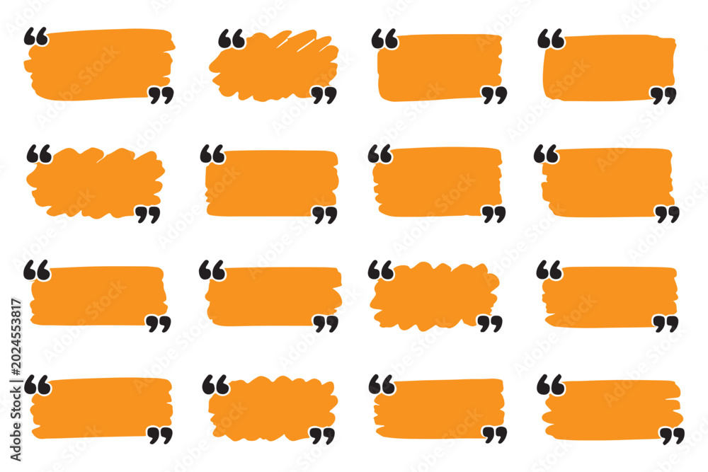Naklejka premium Quotation mark text box frame set. Hand drawn marker brush stroke text message frame background. Quotation mark dialog speech, square, chat banner design template. Vector illustration