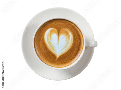Fotografie Isolated top view of a classic white coffee cup with a beautiful latte art heart