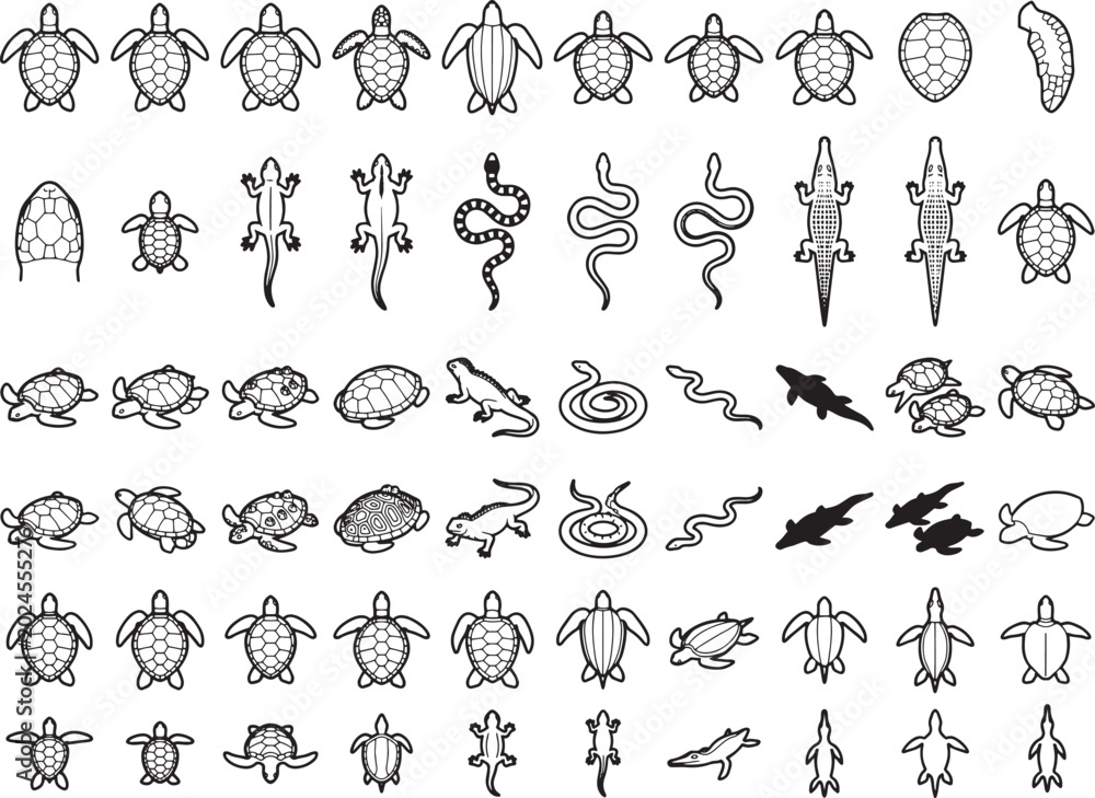 Obraz premium A collection of stylized black and white illustrations depict various reptiles including turtles, lizards, snakes, and crocodiles in different poses and sizes.