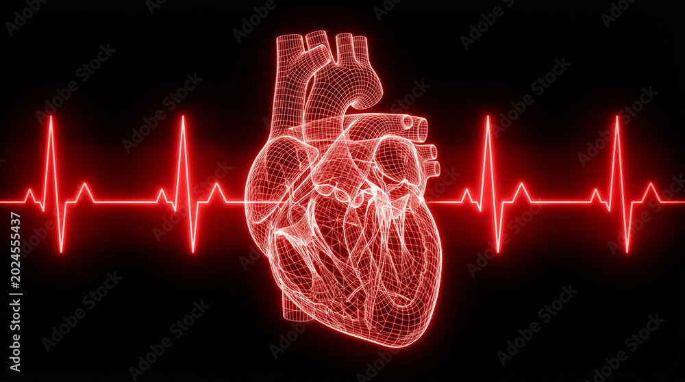 Fototapeta premium Heart Wireframe with Red Electrocardiogram Line on Black Background Illustrating Medical Health