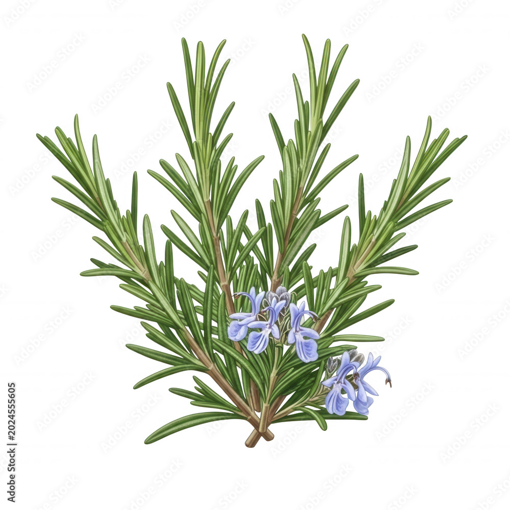 Fototapeta premium A detailed botanical of a fresh rosemary sprig with needle-like green leaves and small light purple flowers on a black background