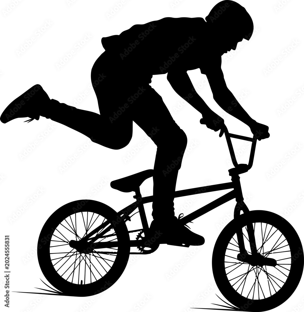 Fototapeta premium Silhouette of a BMX rider performing an aerial trick on a bicycle.