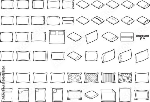 A collection of various pillow types and bed linen illustrations, showcasing different shapes, sizes, and decorative patterns in a clear, organized layout.