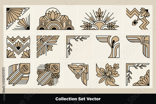 Tableau sur toile Vintage Art Deco Corner Borders Elegant Golden Beige Geometric Ornaments