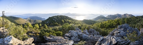 Volcanic peninsula Methana, view over the sea and landscape with mountains and extinct volcanoes, Saronic Gulf, Peloponnese, Greece