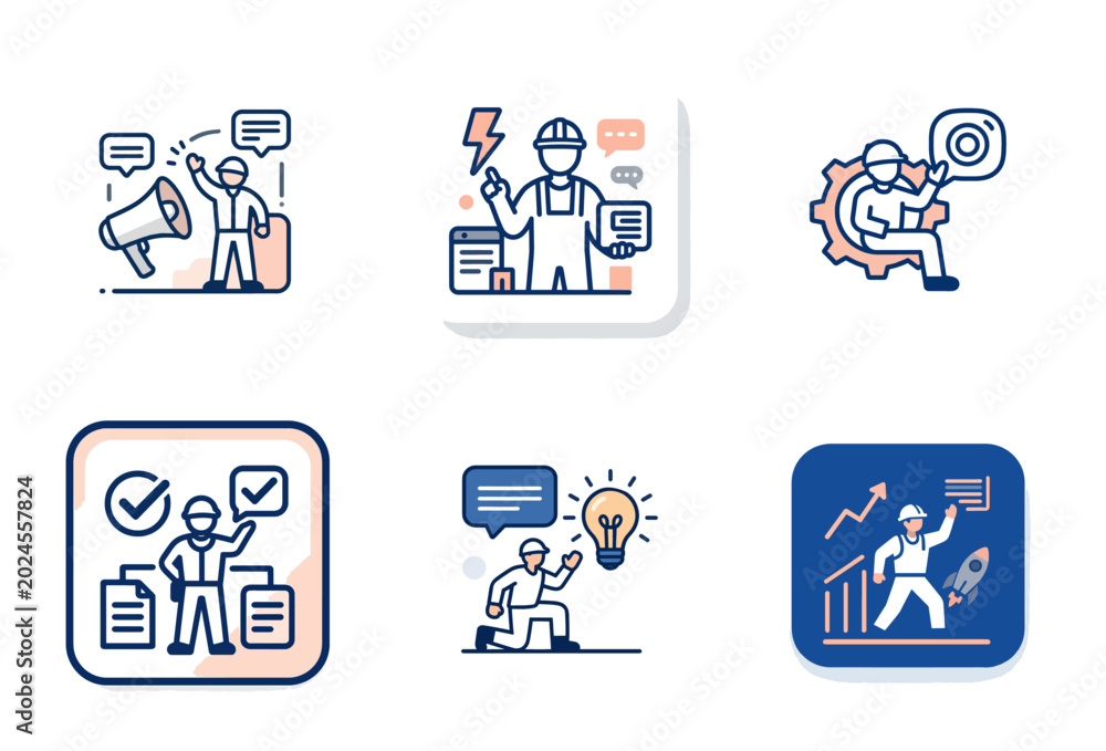 Fototapeta premium Construction worker copywriting idea: Amplifying inspiration and growth for persuasive content strategies, detailed flat vector set concept.