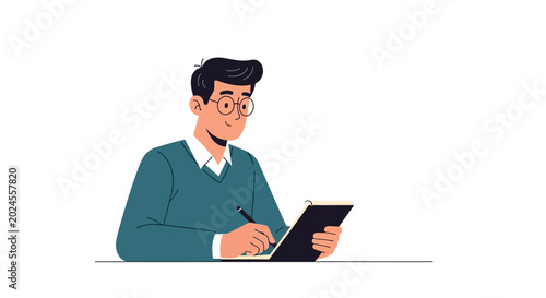 Foto Man writing on a tablet computer.