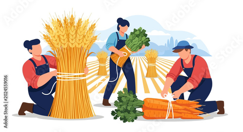 Billede på lærred Farmers harvesting crops in a field, gathering wheat and vegetables