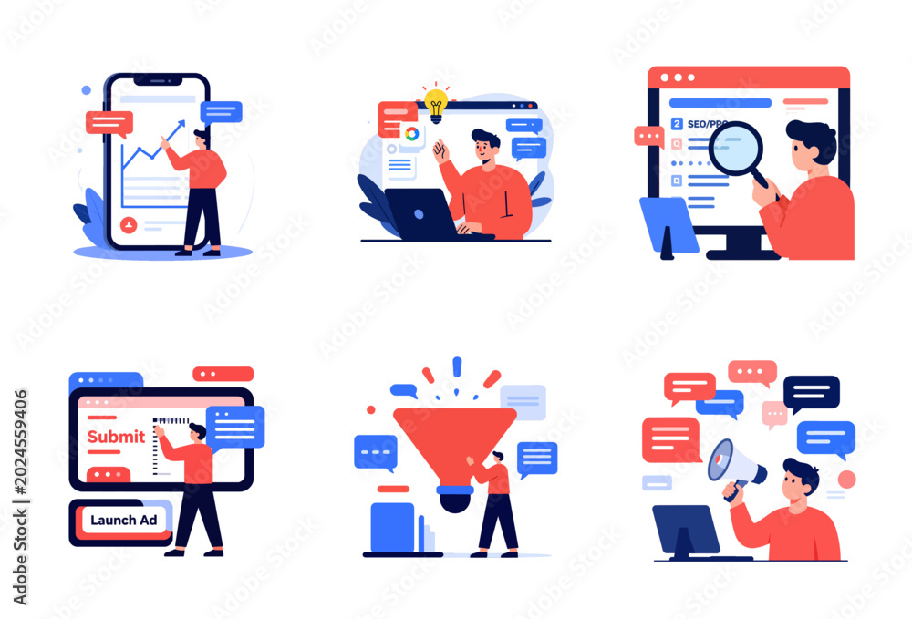 Fototapeta premium Modern Business Illustration: Analyzing PPC Campaigns and Online Advertising Strategy Using Analytics and Tools