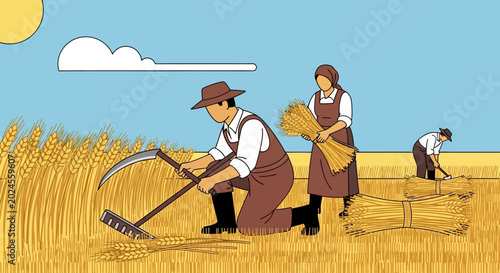 Φωτογραφία Farmers harvesting wheat in a field with traditional tools.