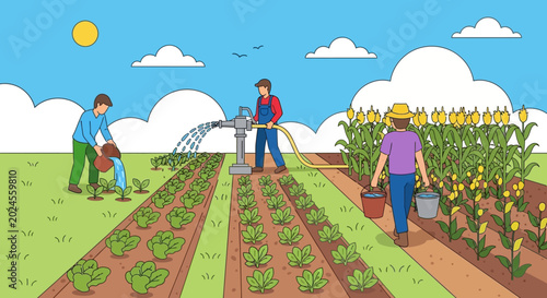Farmers working in a field, cultivating crops and watering plants.