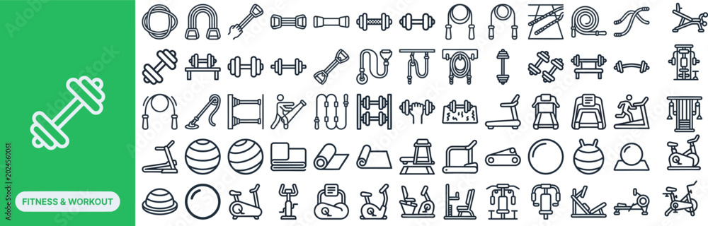 Fototapeta premium Fitness Workout and Gym Equipment outline icon set. Featuring dumbbell, barbell, kettlebell, treadmill, and yoga mat symbols. Editable stroke vector icons for gym apps and trainer sites.