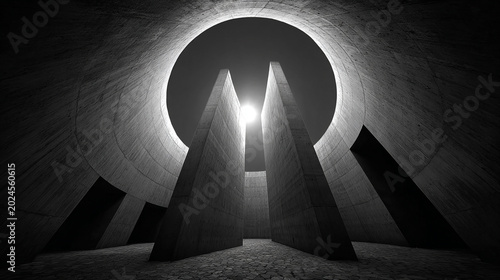 Dramatic black and white brutalist architecture concrete cylinder open to sky with bright sun flare