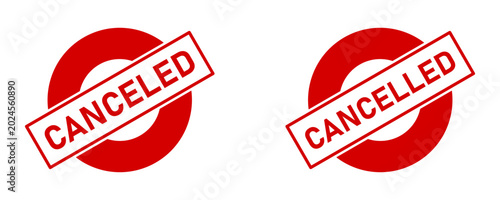 Obraz na płótnie American and British English Versions of Canceled and Cancelled Stamp Style Red Badge Seal Sign Symbol Icon Set with a Rotation of 30 Degrees