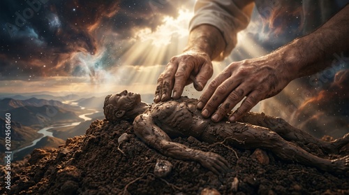 God shaping man from clay in biblical scene. Divine hands forming human body from earth. Creation of Adam, spiritual act of genesis reflecting faith, catholic belief and holy scripture.