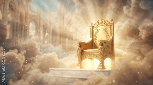 Ornate golden throne of Jesus Christ placed on marble platform within heavenly celestial clouds. Divine kingdom sanctuary in heaven. Religious spiritual concept for catholic worship.