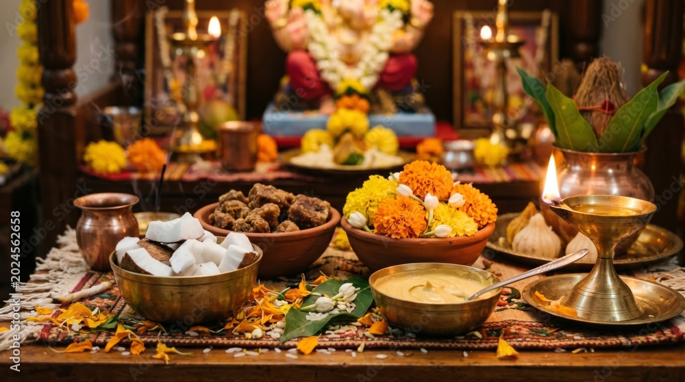 Fototapeta premium Traditional Hindu home shrine setup for Ganesh Chaturthi celebration. Offering of flowers, coconut, sweets and oil lamp for deity worship. Spiritual ritual and devotion concept.