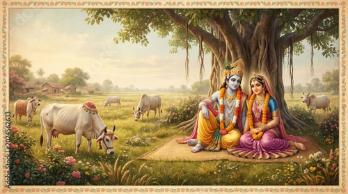 Krishna and Radha sitting under a tree in a meadow with cows. Traditional Indian deity illustration for spiritual decoration. Divine couple in love, religious art for cultural celebration.