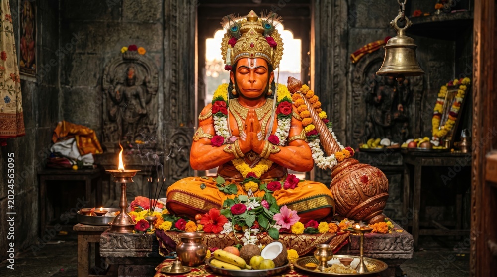 Fototapeta premium Orange statue of Hindu deity Hanuman sitting in meditation with hands joined in prayer. Traditional temple altar with flower garland, burning lamp, offering of fruit and brass bell.