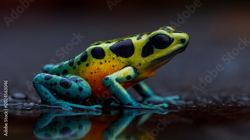 Vivid poison dart frog resting on water edge in tropical rainforest with reflective surface and natural lighting
