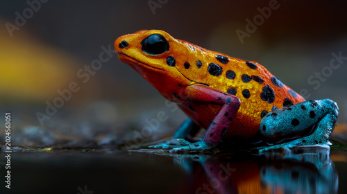 Vivid poison dart frog resting on water edge in tropical rainforest with reflective surface and natural lighting