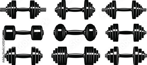 Obraz na płótnie Different dumbbell silhouettes in grid pattern, minimalist fitness equipment vec