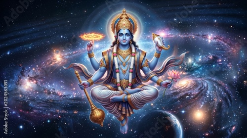 Lord Vishnu sitting in meditation pose inside deep space. Hindu deity with four arms holding lotus flower, conch, mace and golden disc. Cosmic celestial background of galaxy.