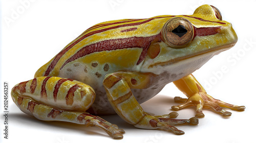 Yellow and Red Striped Frog Sitting on White Background in Realistic Detail