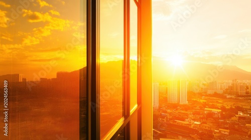 Golden Sunrise View Through Modern Building Window