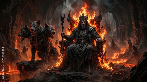 Hades sitting on a throne of fire in the underworld with Cerberus. Male god of the dead holding a staff. Mythological Greek god ruling hell. Dark fantasy scene of legendary deity.