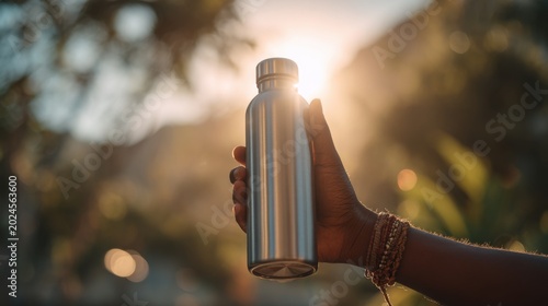 Hand Holds Reusable Water Bottle in Warm Sunlight