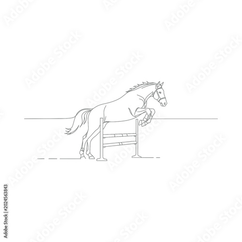 A horse successfully jumps over an obstacle in a competition setting outdoors.