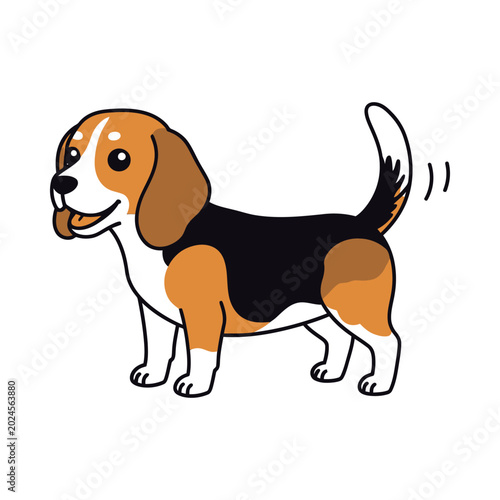 A cute beagle dog is standing and looking sideways with motion lines