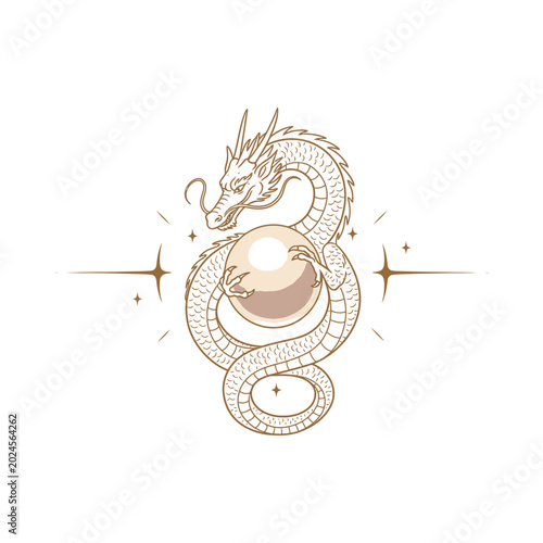 A dragon wraps around a glowing orb with stars and sparks.