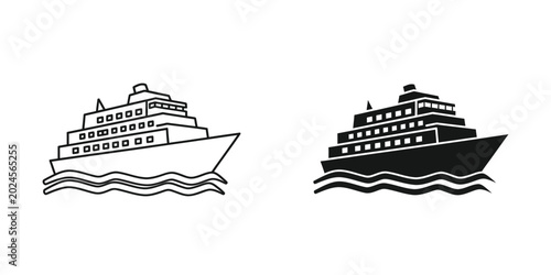 Canvastavla Cruise ship icon set on wavy water with transport ship liner passenger transport