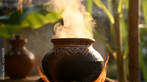 Steaming Clay Pot on Fire Outdoor Scene.