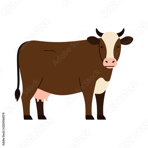 A brown cow with white markings stands outdoors in a field