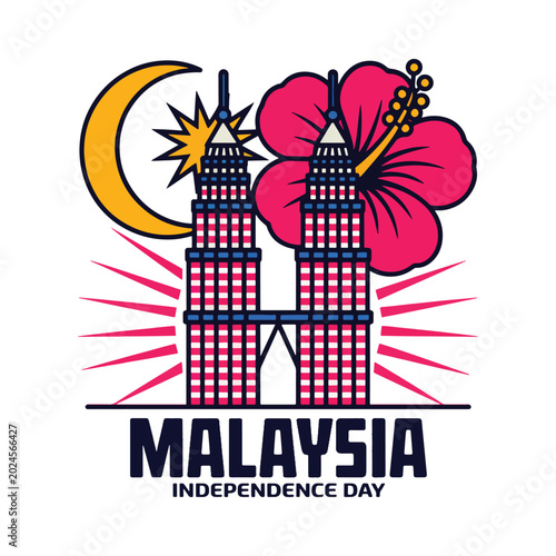 Photography Petronas towers with hibiscus flower, crescent moon, and star for Malaysia Indep