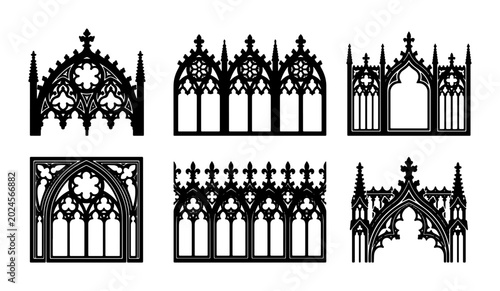 Quadro su tela Gothic Architectural Elements Vector Set, Ornate Medieval Window Designs, Decora