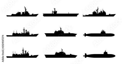 Photos Naval Fleet Silhouettes: Set of 9 Warships, Aircraft Carriers, and Submarines, M