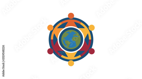 Global Community Icon with People Holding Hands Around Earth Vector Illustration Isolated on White Background for Branding