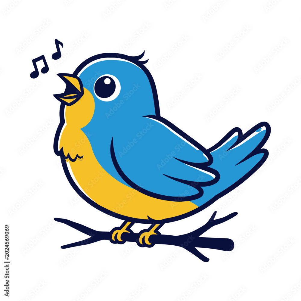 Fototapeta premium A blue and yellow bird sings sweetly on a branch outdoors