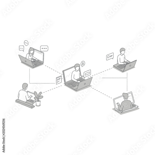 People communicate remotely using laptops in an office setting environment.