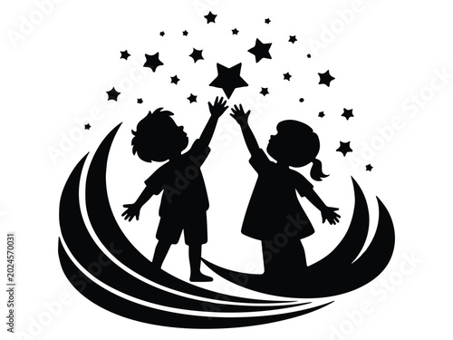 Kids Reaching for Stars Vector, Children Dream Logo, Boy and Girl Star Graphic, Kindergarten and Education T-Shirt Design
