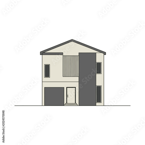An illustration of a modern two-story house with garage and door