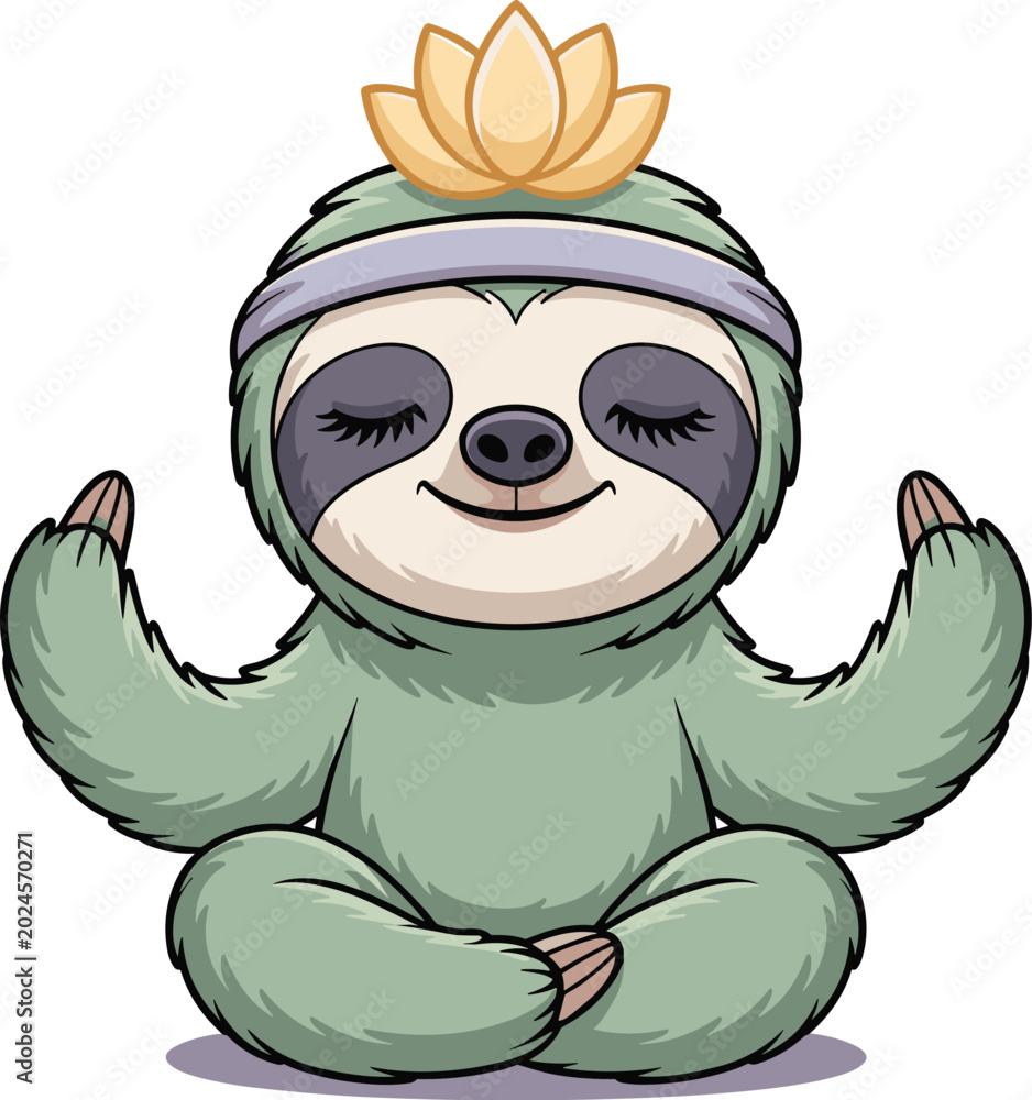 Fototapeta premium A cute cartoon sloth sitting in a meditative yoga pose with a peaceful expression and a lotus flower on its head