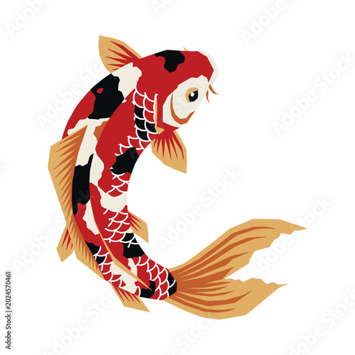 A colorful koi fish swims in water with vibrant red black and orange fins and scales.