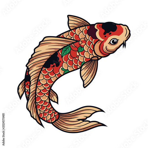 Vibrant koi fish swims right with colorful scales and fins