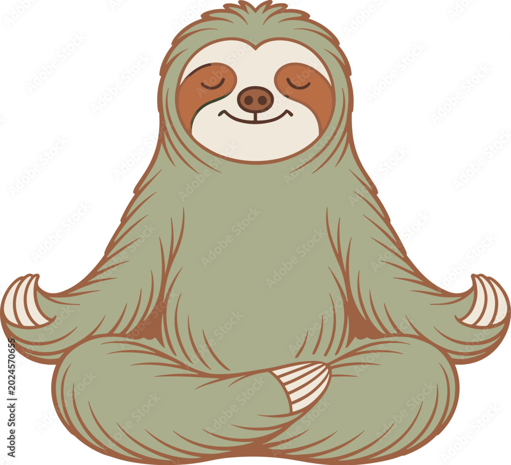 Fototapeta premium A cute cartoon sloth sitting in a calm lotus position while practicing meditation and finding inner peace