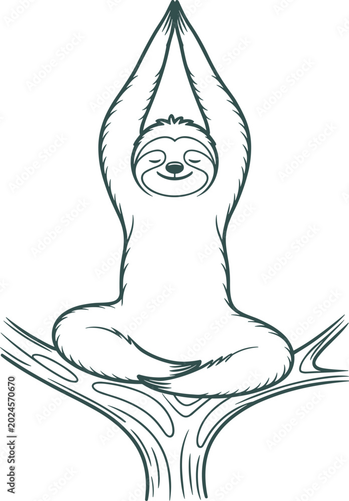 Obraz premium A happy sloth sitting in a tree branch in a yoga pose to celebrate International Yoga Day with mindfulness and peace